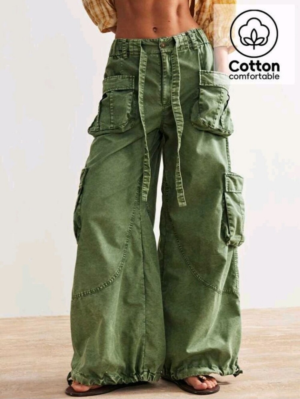 Women's Oversized Olive Green Cargo Pants,Summer Boho Low-Rise Wide Leg